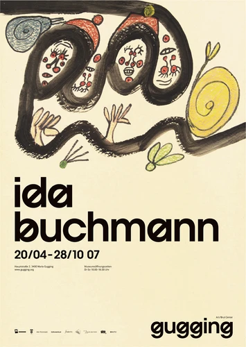 Plakat mit einer farbigen, organisch geschwungenen Zeichnung aus Gesichtern, Händen, Pflanzenformen und spiralförmigen Elementen im oberen Bereich. Darunter steht groß der Name ‚ida buchmann‘ sowie das Ausstellungsdatum ‚20/04–28/10 07‘ und der Schriftzug ‚gugging