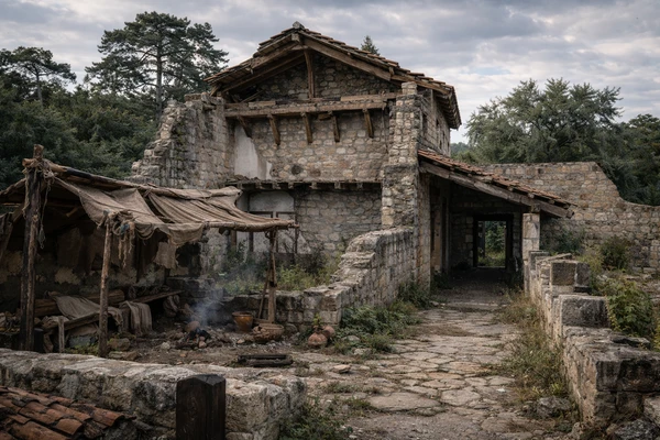 KI Generiertes Bild von Haus 4 mit dem teilrekonstruierten Gebäude, davor eine Zeltlagerstätte, heruntergekommener Zustand 