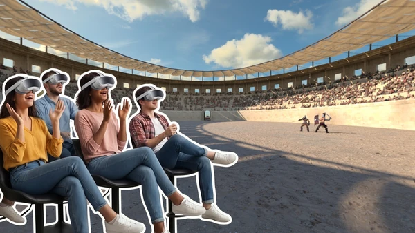Eine Familie sitzt voller Vorfreude auf Stühlen und trägt VR-Brillen; im Hintergrund sind animierte Gladiatoren zu sehen, die in einem Amphitheater kämpfen.