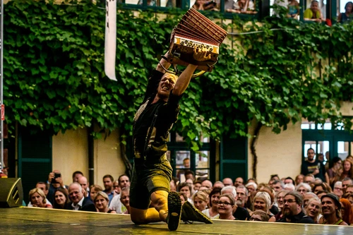 Darbietung eines Musikers mit Akkordeon vor dicht gedrängtem Publikum in grün bewachsenem Innenhof.