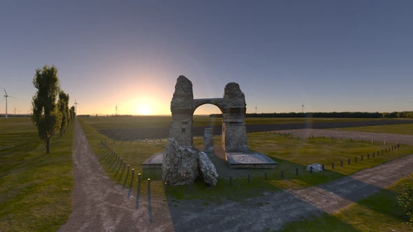 Szene aus dem VR Video Carnuntum Experience, mit dem Heidentor im Sonnenuntergang 