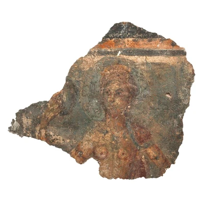 A painting depicting a dancer is framed at the upper edge by a green garland of leaves set against a yellow background. Against a blue background, the upper body of a nude woman is visible. Based on the armbands and the oval object in her right hand—identified as a tympanum—she has previously been identified as a dancer.