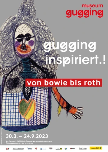 Plakat für eine Museumsausstellung in der eine Frau zu sehen ist, die gezeichnet wurde mit extravaganten Haaren und große schwarze Augen und dicken roten Lippenstift