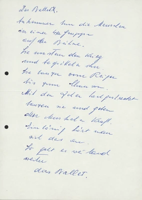 Handgeschriebener Text in blauer Tinte auf hellem Papier, verfasst in schräg verlaufender Schreibschrift. Der Titel ‚Das Ballett.‘ steht oben.