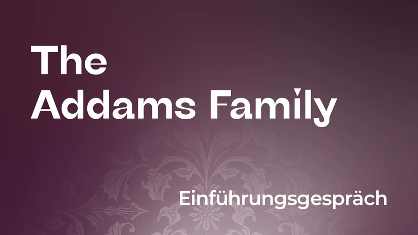 The image shows a dark purple background with a subtle floral pattern in the lower section. At the top left, the words “The Addams Family” are written in large white letters, and at the bottom right, the text “Introductory talk” is also written in white.