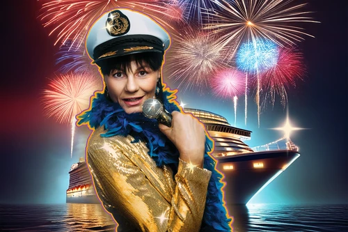 Eine Frau in glitzernder Kleidung mit einer Kapitänsmütze und Mikrophon vor einem großen Kreuzfahrtsschiff unter einem Feuerwerk