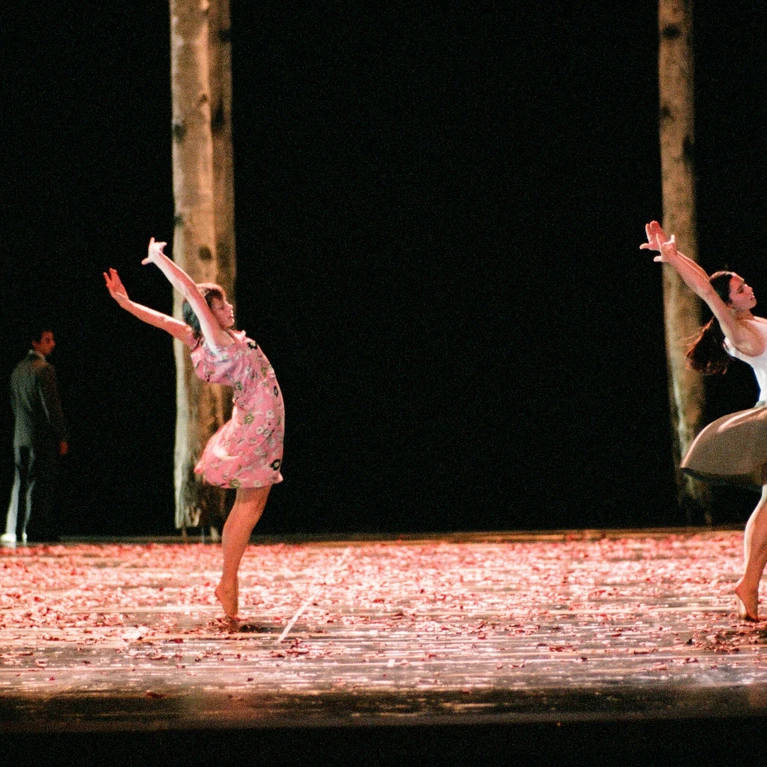 A performance photograph of Anne Teresa De Keersmaeker’s 1995 choreography “Schönberg”, in which the choreographer drew inspiration from Arnold Schönberg’s “Verklärte Nacht”. The photograph shows dancers from Opera Ballet Vlaanderen performing a dynamic group choreography against a backdrop that suggests a forest of birch trees.