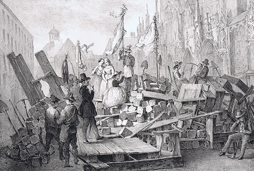 Barrikadenszene beim Stephansdom im Mai 1848