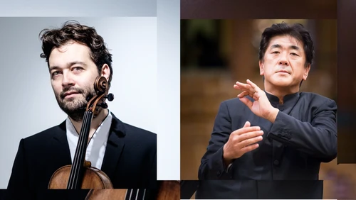 Das zweigeteilte Bild zeigt auf der linken Seite ein Porträtfoto von Violinist Lawrence Power mit seinem Instrument sowie auf der rechten Seite Dirigent Yutaka Sado, gekleidet in einen schwarzen Anzug und zu sehen beim dirigieren.