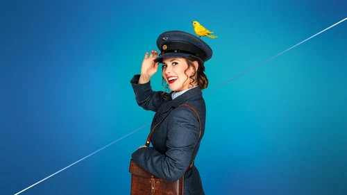 A person in vintage postal uniform smiles and tips their navy cap, with a yellow bird perched on top.