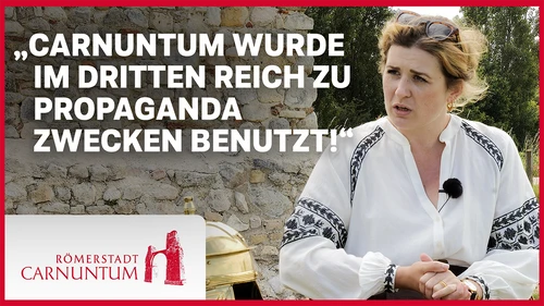 Ein Vorschaubild für den Videocast zeigt Archäologin Nisa Kirchengast neben dem Zitat "Carnuntum wurde im dritten Reich zu Propaganda Zwecken benutzt"