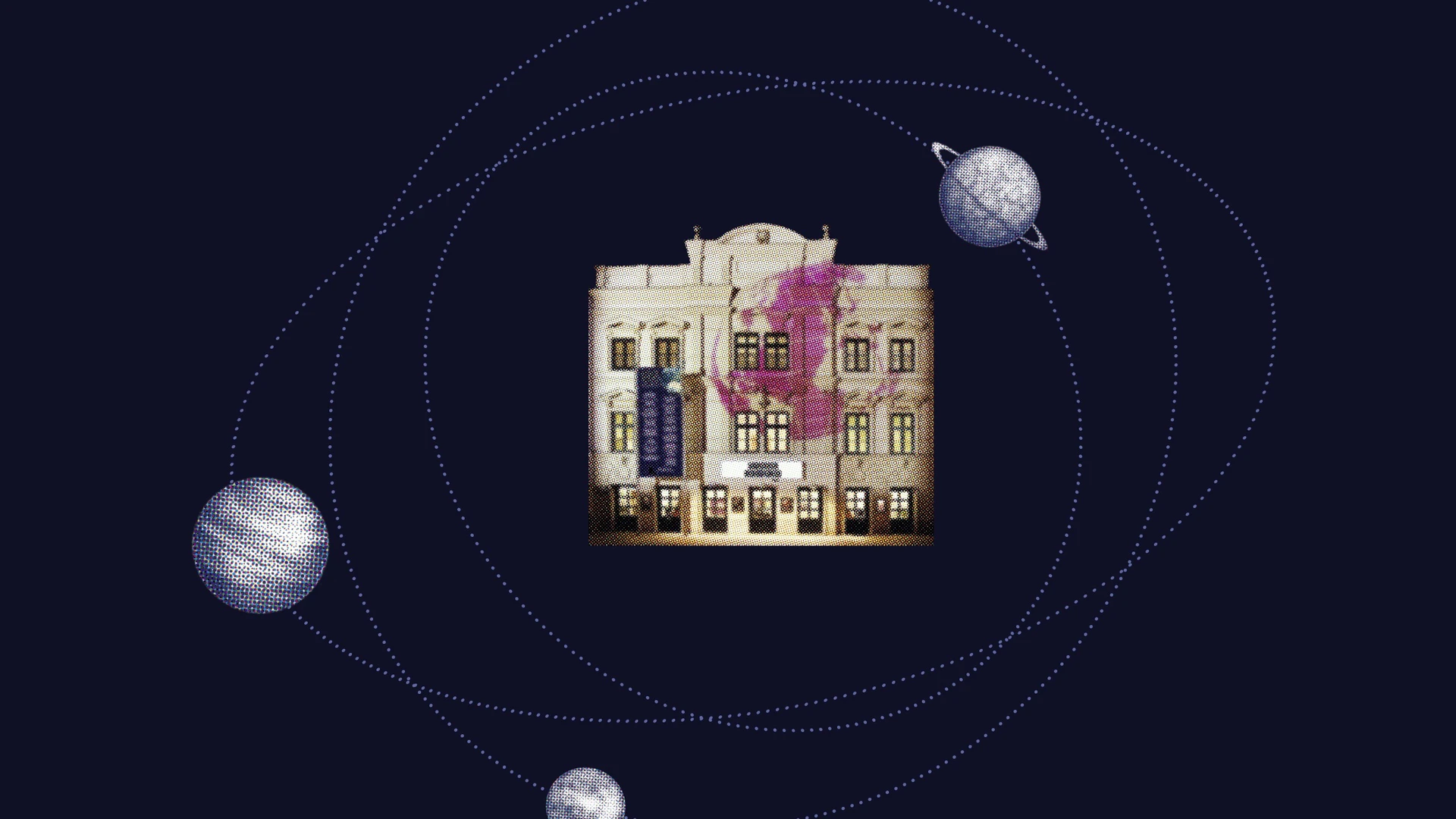 Das Landestheater inmitten von blauem Hintergrund und gezeichneten Planeten