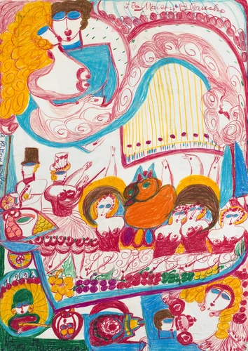 Farbenfrohe, stark ornamentale Zeichnung mit stilisierten Figuren, geschwungenen Linien und dekorativen Mustern in Rosa, Rot, Blau, Gelb und Grün, die eine lebhafte, erzählerische Szene bilden.