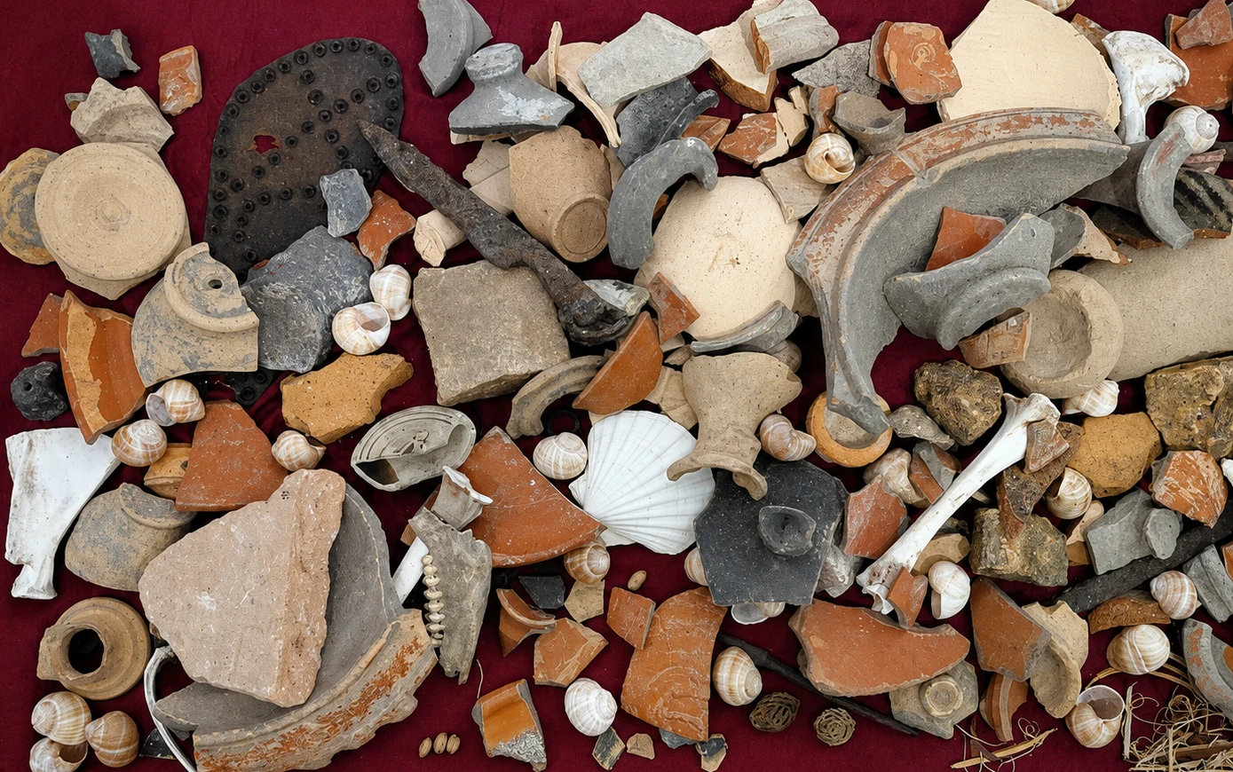 Display case with a pile of ceramic and other waste materials 