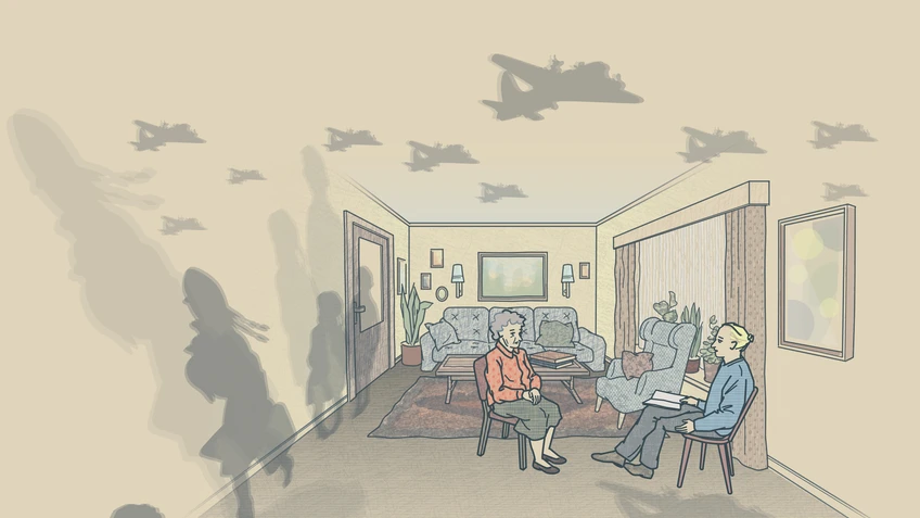 Raum mit Schatten von Fliegern und Kindern, eine Frau und ein Man sitzt auf Stühlen 