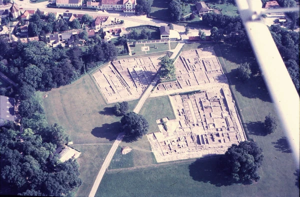 Aerial photograph of the open-air site of the Roman town of Carnuntum, old photo showing the excavated areas 