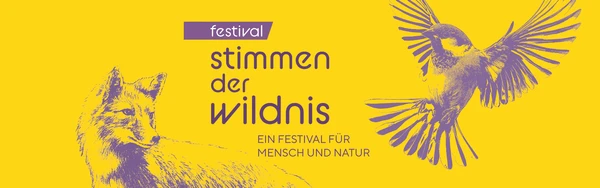Gelbes Webbanner mit dem violettem Text "Stimmen der Wildnis. Ein Festival für Mensch und Natur."