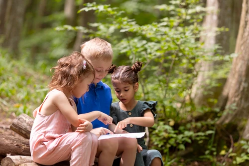 Kinder im Wald sitzend
