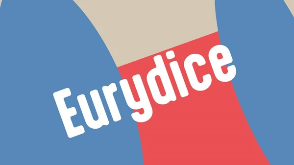 Grafik in beige, rot und blau auf der in weiß Eurydice steht