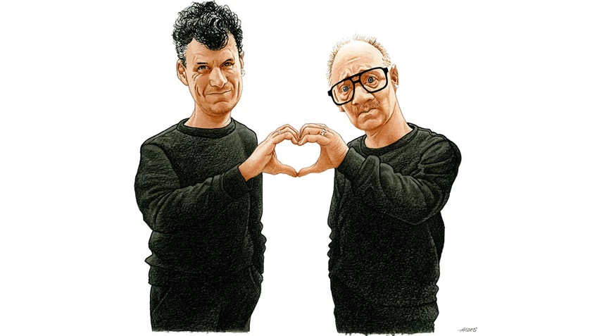 Rubey & Schwarz als Karikatur abgebildet, in schwarzen Pullovern formen gemeinsam ein Herz mit ihren Händen.