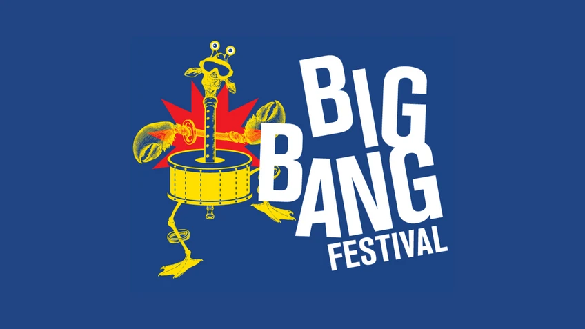 Graphic design for the ‘BIG BANG Festival 2026’, featuring this year a giraffe’s head peeking out of a drum, with two crab-like arms and duck feet, set against a blue background with the ‘BIG BANG’ logo.