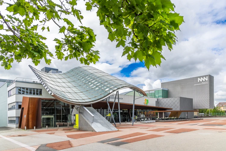 Außenansicht vom Museum Niederösterreich. Im Vordergrund grüne Blätter. Im Hintergrund helle Wolken am blauen Himmel.