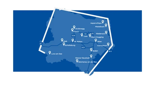 Karte von Niederösterreich mit allen Standorte der NÖKU Gruppe