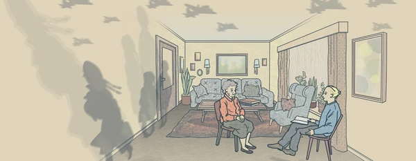 Raum mit Schatten von Fliegern und Kindern, eine Frau und ein Man sitzt auf Stühlen 