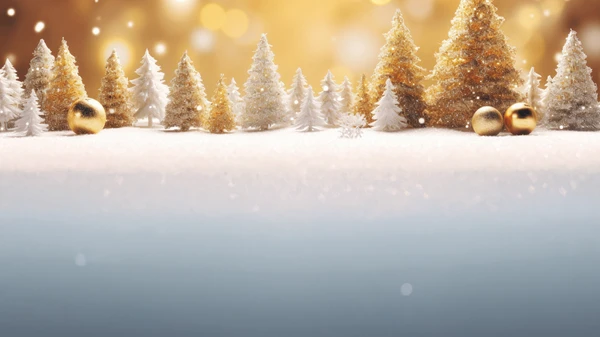 goldene und weiße Weihnachtsbäume, Schnee, Glitzer