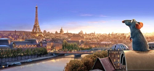 Zeichentrick: Ratte sitzt auf einem Giebel mit Blick über die Skyline von Paris, Eiffelturm im Hintergrund.