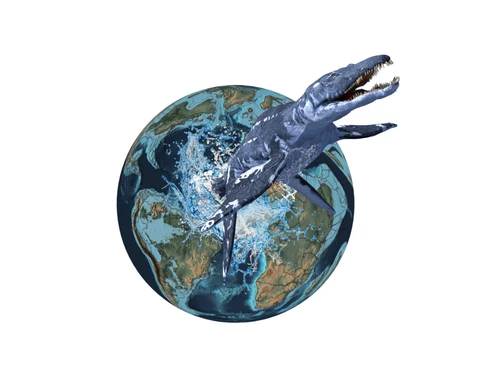 eine Grafik die zeigt, wie ein Urzeitfisch aus der Erdkugel kommt