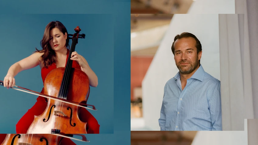 A two-part image: on the left, a photograph of Alisa Weilerstein, soloist with her instrument, the violoncello, in front of a light blue background.; on the right a photo of Fabien Gabel in a light blue shirt leaning against a door frame.
