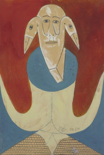 Gemälde mit zwei stilisierten, vogelähnlichen Köpfen, die sich symmetrisch gegenüberstehen. Die Figuren sind in warmen Rot‑ und Beigetönen gehalten und umgeben eine zentrale blaue Kreisform. Im unteren Bereich ist ein Muster aus kleinen, ziegelartigen Formen zu sehen. Das Bild wirkt abstrakt und symbolisch gestaltet.