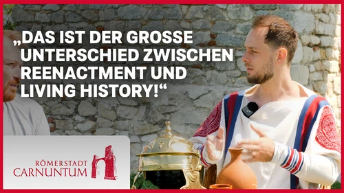 Thumbnail für den Videocast mit abgebildeten Geza Frank der sagt "Das ist der große Unterschied zwischen Reenactment und LIving History"