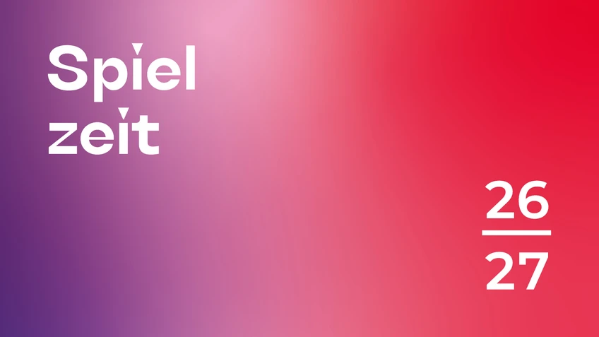 Violett-Pinker Farbverlauf mit weißer Typografie „Spielzeit 26/27“.