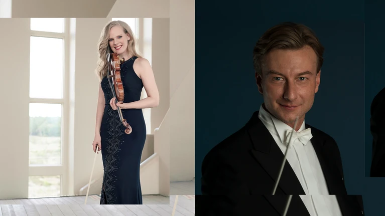 Das zweigeteilte Bild zeigt auf der linken Seite ein Foto von Violinistin Simone Lamsma, zu sehen in einem hellen Raum mit ihrem Instrument, auf der rechten Seite ein Porträtfoto von Dirigent Christian Arming, zu sehen mit seinem Taktstock und gekleidet in einen Frack.