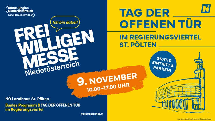 Lower Austria Volunteer Fair & Open Day in the Government District St. Pölten, 9 November 2025, 10 a.m. to 5 p.m., free admission and parking