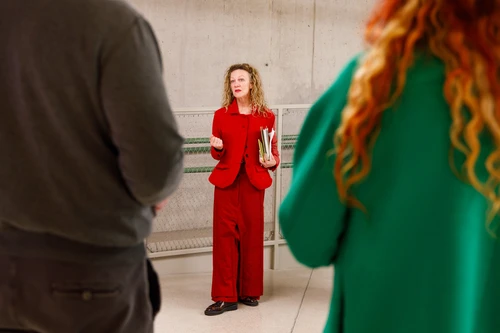 Mona Jas, Artistic Director of the KinderKunstLabor, during the opening tour of the exhibition “Paper, Rock, Scissors - Materials and Tools of Art” at the KinderKunstLabor.