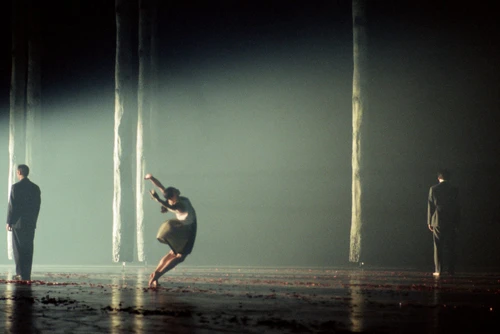 Performancefoto der Choreografie "Schönberg" von Anne Teresa De Keersmaeker von 1995 in der sich die Choreografin von Arnold Schönbergs "Verklärte Nacht" inspirieren ließ. Zu sehen sind Tänzer:innen des Opera Ballet Vlaanderen in einer dynamischen Gruppenchoreografie inmitten eines Bühnenbilds, das einen Wald aus Birken andeutet.