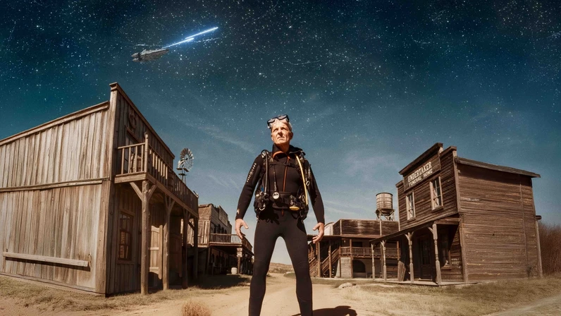 Thomas Maurer steht im schwarzen Taucheranzug mit Maske und Ausrüstung in einer verlassenen Westernstadt unter einem sternklaren Himmel, während am Himmel ein leuchtendes Raumschiff vorbeizischt.