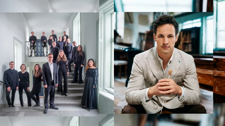 A two-part image: on the left, a photograph of the Interpunkt concert choir, whose elegantly dressed in black members are posed in a brightly lit stairwell; on the right, a portrait photograph of conductor Andreas Otensamer holding a baton.