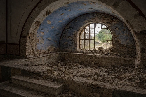 AI-generated image of the frigidarium at the thermal baths, showing a dilapidated pool and a shattered window 