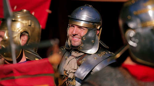 Römische Soldaten beim Römerfest 2023, Detailaufnahme eines Gesichts 