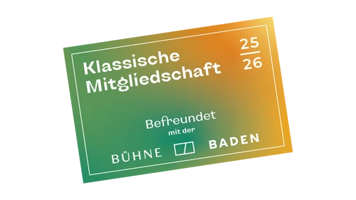 Mitgliedskarte Klassische Mitgliedschaft des Vereins Befreundet mit der Bühne Baden auf grün-orangem Hintergrund