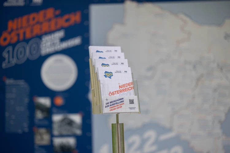 Ansicht des Ausstellungsparavents "Niederösterreich - 100 Jahre | Orte | Ereignisse"