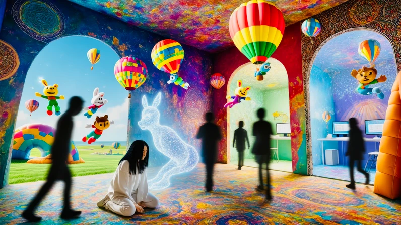 Großer, farbenreich gestalteter Raum mit gemalten und projizierten Fantasiefiguren, fliegenden Heißluftballons und Regenbögen, in dem mehrere Personen als dunkle Silhouetten umhergehen, während eine Person in heller Kleidung am Boden sitzt.