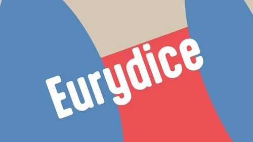 Grafik in beige, rot und blau auf der in weiß Eurydice steht