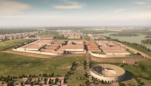 3D Rekonstruktion des Legionslagers und Amphitheaters, Luftaufnahme 
