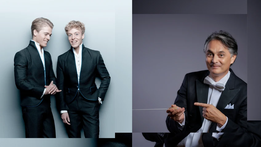 A two-part image: on the left, a photograph of brothers Lucas and Arthur Jussen, virtuoso pianists, wearing suits, leaning against a white wall; on the right, conductor Jun Märkl wearing a suit with a bow tie and holding his baton.
