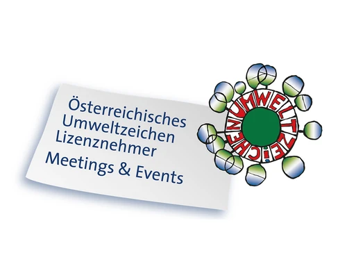 Logo for the Austrian Ecolabel featuring the text “Austrian Ecolabel Licensee, Meetings & Events”